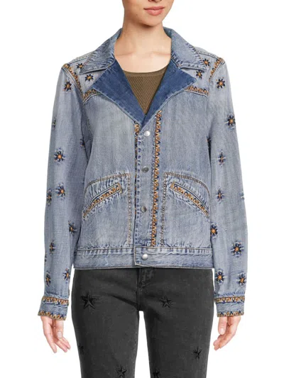 Shop Driftwood Women's Embroidered Denim Jacket In Medium Wash