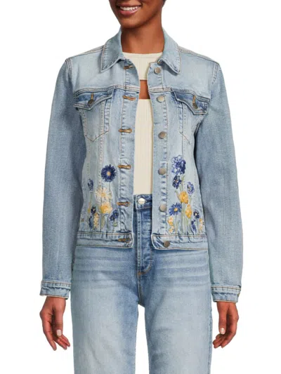 Shop Driftwood Women's Floral Embroidered Denim Jacket In Light Blue