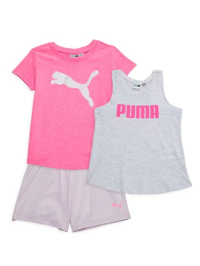 Shop Puma Little Girl's 3-piece Logo Tee, Tank Top & Shorts Set In Neon Pink