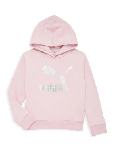 Shop Puma Girl's Metallic Logo Fleece Hoodie In Chalk Pink