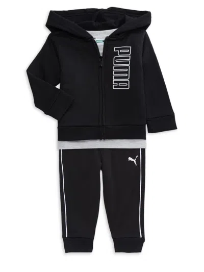 Shop Puma Baby's 3-piece Logo Tee, Joggers & Sweatshirt Set In Black