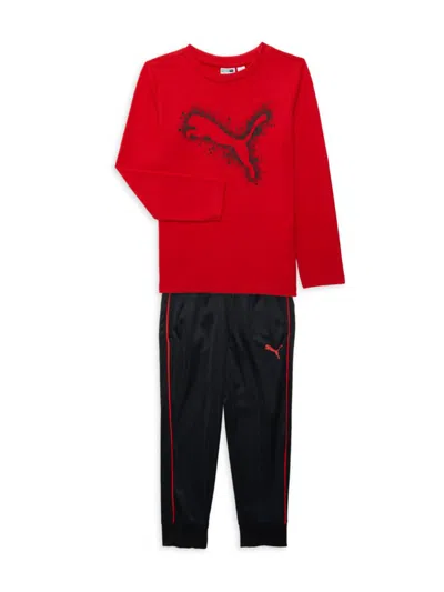 Shop Puma Little Boy's 2-piece Logo Fleece Sweatshirt & Joggers Set In Red