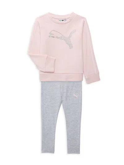 Shop Puma Little Girl's 2-piece Glitter Logo Sweatshirt & Leggings Set In Gold Pink