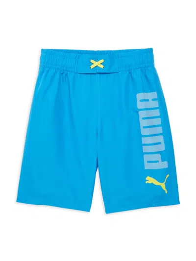 Shop Puma Boy's Logo Swim Trunks In Blue White