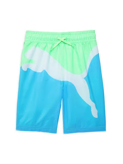 Shop Puma Boy's Colorblock Logo Swim Trunks In Neon Green