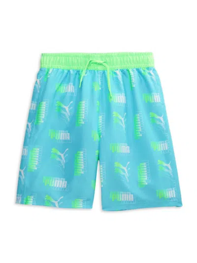 Shop Puma Boy's Logo Print Swim Shorts In Blue Aqua