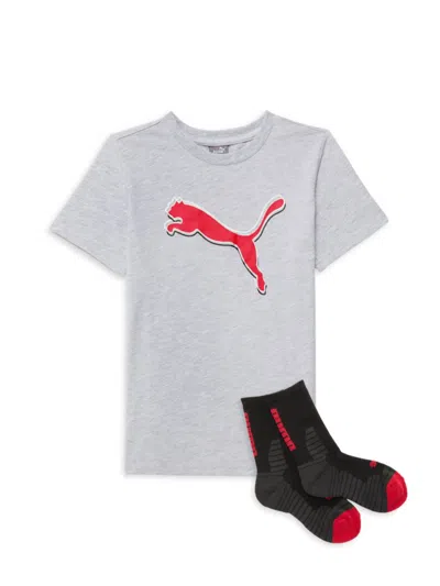 Shop Puma Little Boy's 2-piece Logo Tee & Crew Socks Set In Grey