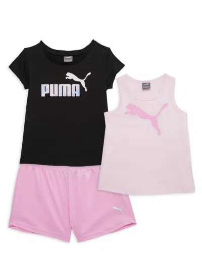 Shop Puma Little Girl's 3-piece Logo Tee, Tank Top & Shorts In Black Pink