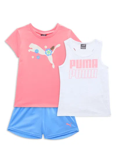Shop Puma Little Girl's 3-piece Graphic Tee, Logo Tank Top & Shorts In Pink