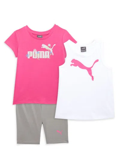 Shop Puma Little Girl's 3-piece Logo Tee, Tank Top & Shorts In Neon Pink