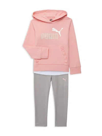 Shop Puma Little Girl's 3-piece Logo Top, Hoodie & Pants Set In Pink