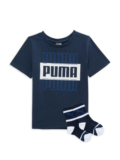 Shop Puma Little Kid's 2-piece Logo Tee & Socks Set In Navy