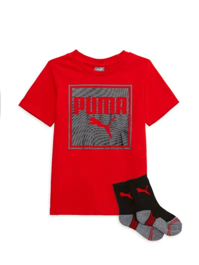 Shop Puma Little Boy's 2-piece Logo Graphic Tee & Colorblock Socks In Medium Red