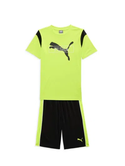 Shop Puma Boy's 2-piece Logo Colorblock Tee & Shorts Set In Neon Green