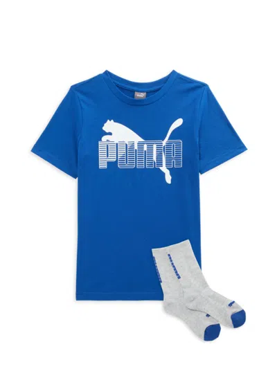 Shop Puma Boy's 2-piece Logo Tee & Crew Socks Set In Dark Blue
