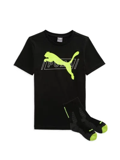 Shop Puma Boy's 2-piece Logo Tee & Socks Set In Black