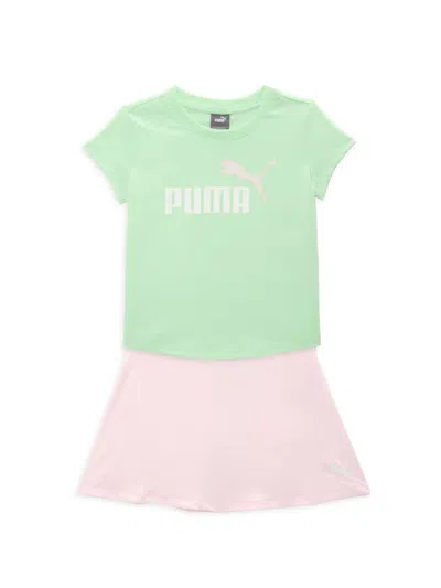 Shop Puma Little Girl's 2-piece Logo Active Tee & Active Skirt Set In Green Pink Multi