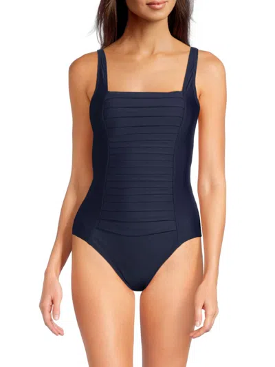 Shop Calvin Klein Women's Shimmer Pleated One Piece Swimsuit In Navy