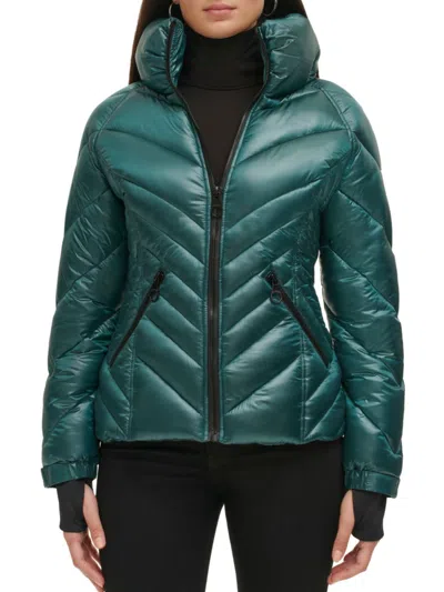 Shop Guess Women's Quilted Puffer Jacket In Teal
