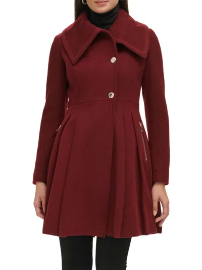 Shop Guess Women's Pleated Wool Blend Flared Coat In Ruby