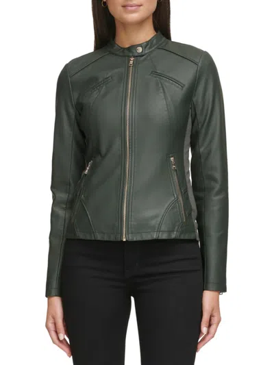 Shop Guess Women's Band Collar Faux Leather Jacket In Spruce
