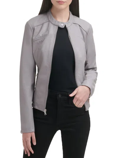 Shop Guess Women's Band Collar Faux Leather Jacket In Grey