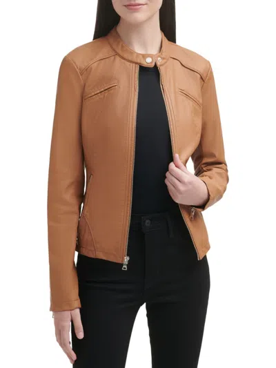 Shop Guess Women's Band Collar Faux Leather Jacket In Honey