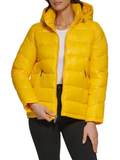 Shop Guess Women's Hooded Puffer Jacket In Neon Yellow
