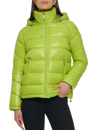 Shop Guess Women's Hooded Puffer Jacket In Lime