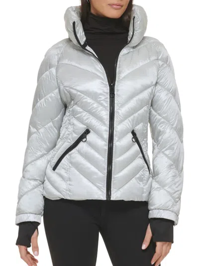 Shop Guess Women's Quilted Puffer Jacket In Silver