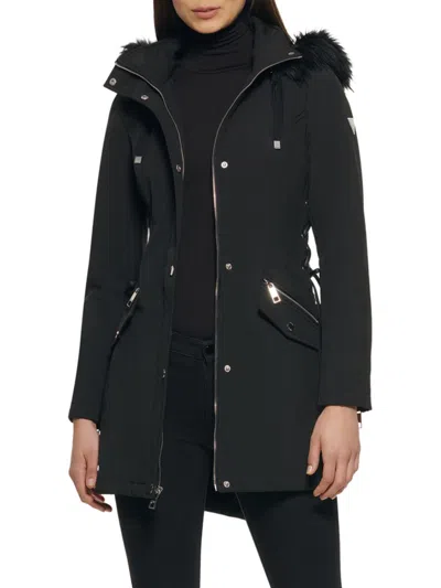 Shop Guess Women's Hooded Faux Fur Trim Parka In Black