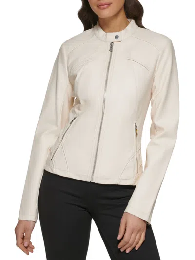Shop Guess Women's Band Collar Faux Leather Jacket In Ivory
