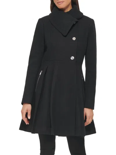 Shop Guess Women's Pleated Wool Blend Flared Coat In Black
