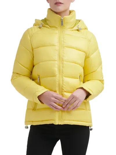 Shop Guess Women's Hooded Puffer Jacket In Highlighter