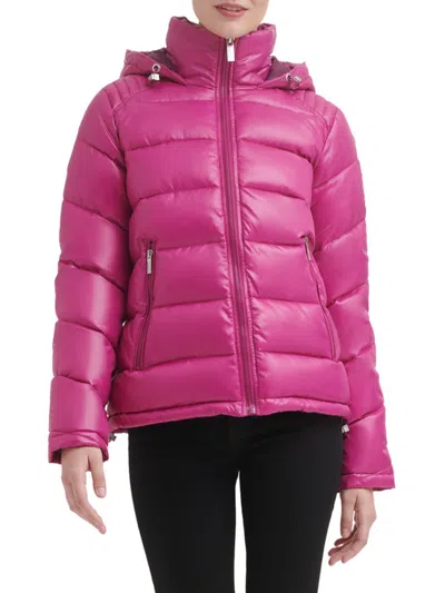 Shop Guess Women's Hooded Puffer Jacket In Magenta