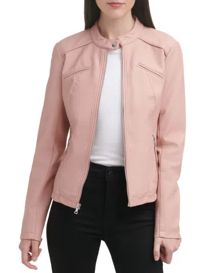 Shop Guess Women's Band Collar Faux Leather Jacket In Dusty Pink