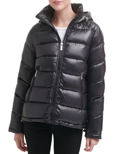 Shop Guess Women's Hooded Puffer Jacket In Black