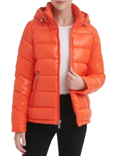 Shop Guess Women's Hooded Puffer Jacket In Hot Orange