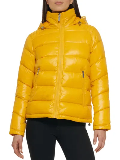 Shop Guess Women's Hooded Puffer Jacket In Yellow