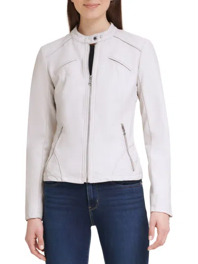 Shop Guess Women's Band Collar Faux Leather Jacket In Stone