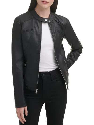 Shop Guess Women's Band Collar Faux Leather Jacket In Black
