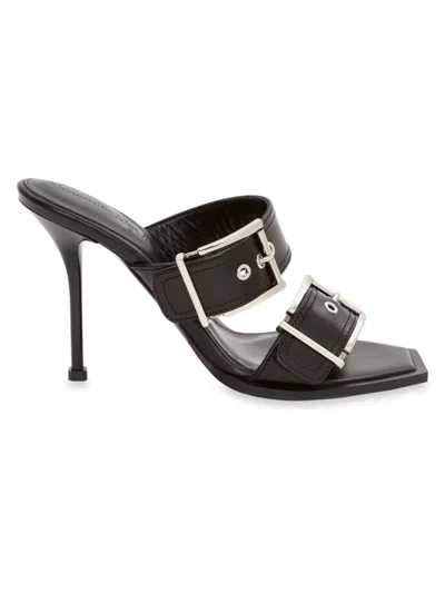 Shop Alexander Mcqueen Women's Buckle Leather Heel Sandals In Black