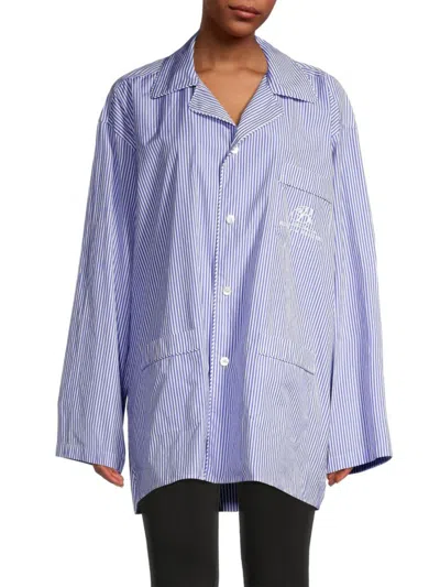 Shop Balenciaga Women's Striped Embroidered Logo Pajama Shirt In Blue White
