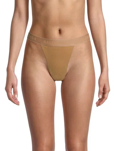 Shop Balenciaga Women's Rib Knit Logo Thong In Camel