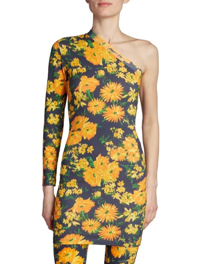 Shop Balenciaga Women's Floral One Shoulder Minidress In Yellow Navy