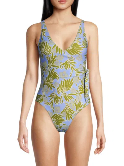 Shop Tanya Taylor Women's Kelly Floral Wrap One Piece Swimsuit In Horizon Blue Multi