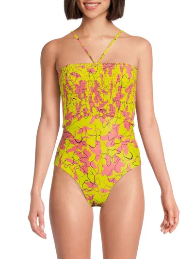 Shop Tanya Taylor Women's Kendra Smocked One Piece Swimsuit In Kiwi Multi