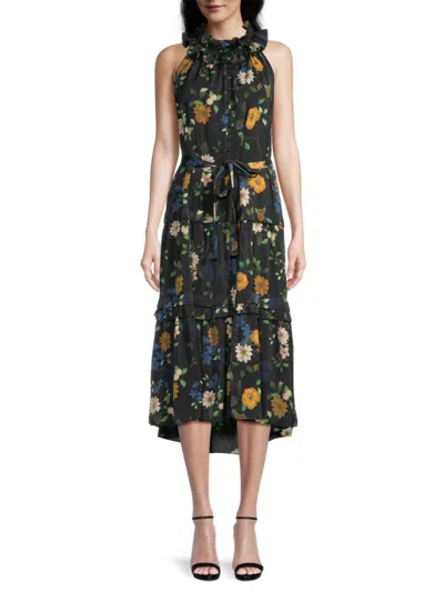 Kobi Halperin Ryan Floral Print Ruffle Tie Waist Midi Dress In Black Multicolor