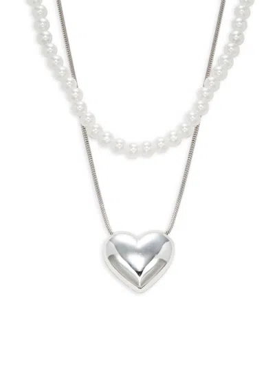 Shop Luv Aj Women's Silvertone & 2mm Freshwater Pearl Layered Heart Necklace In Brass