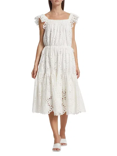 Shop Charina Sarte Women's L'amour Eyelet Flutter-sleeve Midi-dress In White